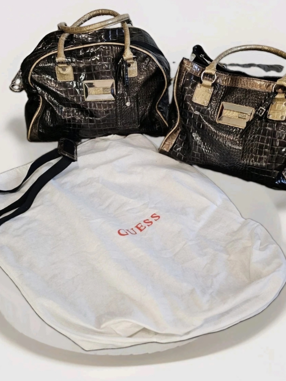 GUESS Metallic Black Croc-Embossed Tote and Satchel Set